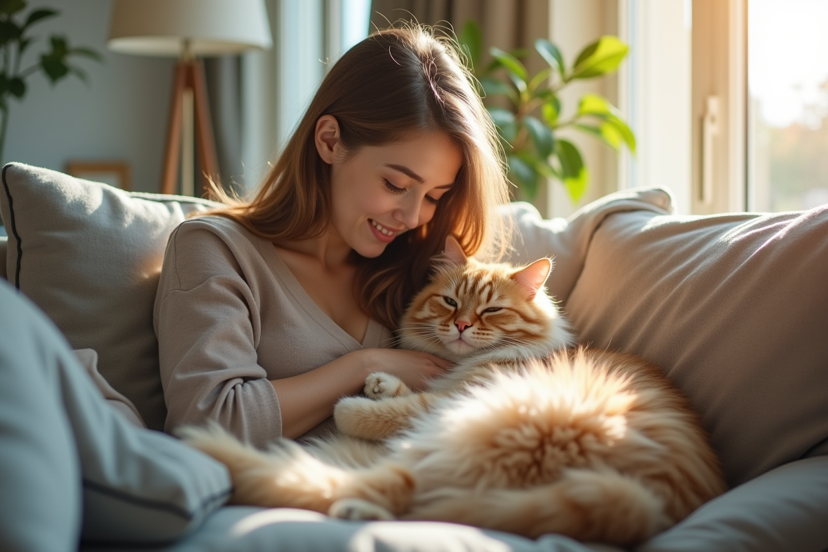 Jeune femme câlinant un chat hypoallergenique dans un salon lumineux