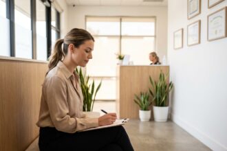 femme accueillie à la réception d'un centre de beauté