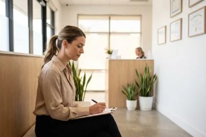 femme accueillie à la réception d'un centre de beauté