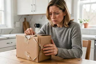 Femme examinant un colis endommagé reçu d'une commande en ligne sur le site Hacoo