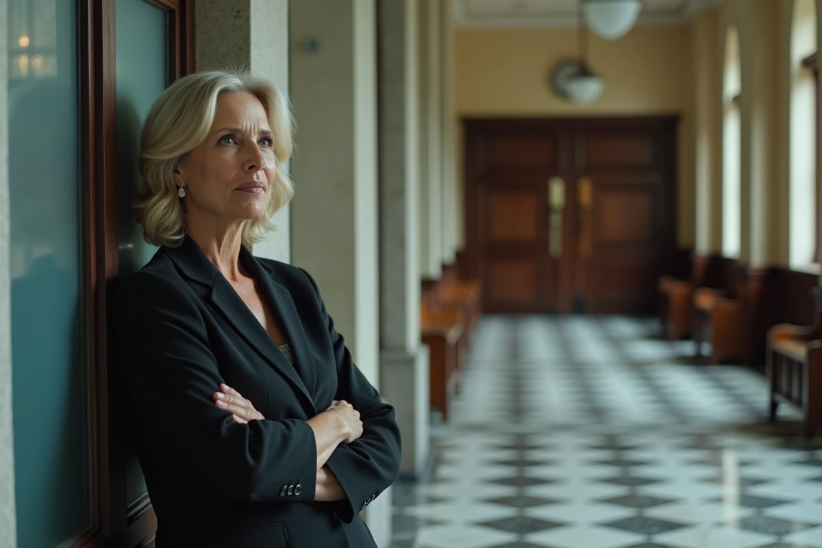 Femme en blazer sombre debout dans un couloir de palais de justice, regard pensif après un verdict, évoquant la fin ambiguë et émotionnelle de Juré n°2