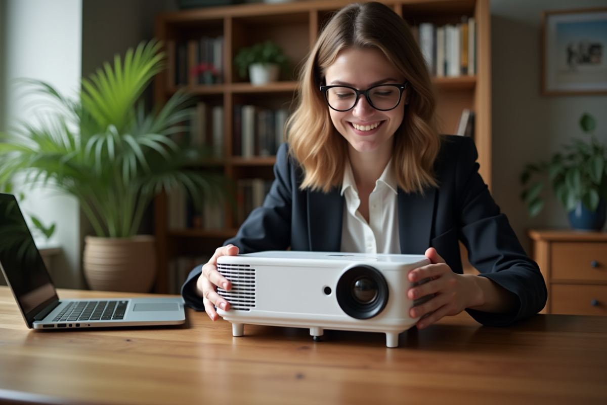 Femme déballant un projecteur à la maison