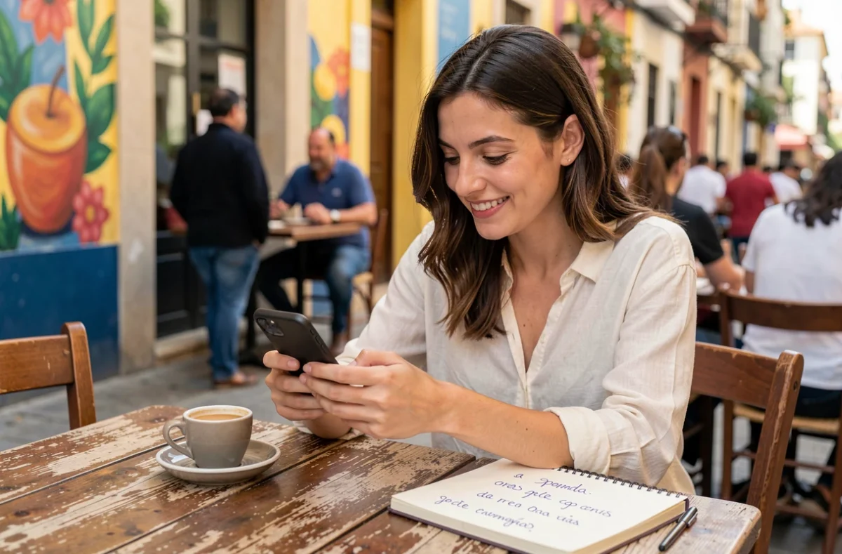 Femme écrivant des mots d'amour en espagnol sur son téléphone dans un café latino