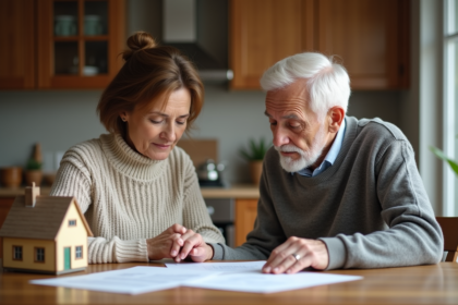 Femme d'âge moyen et son père âgé discutant de documents dans la cuisine