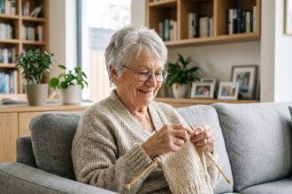 Femme âgée tricotant confortablement dans un fauteuil