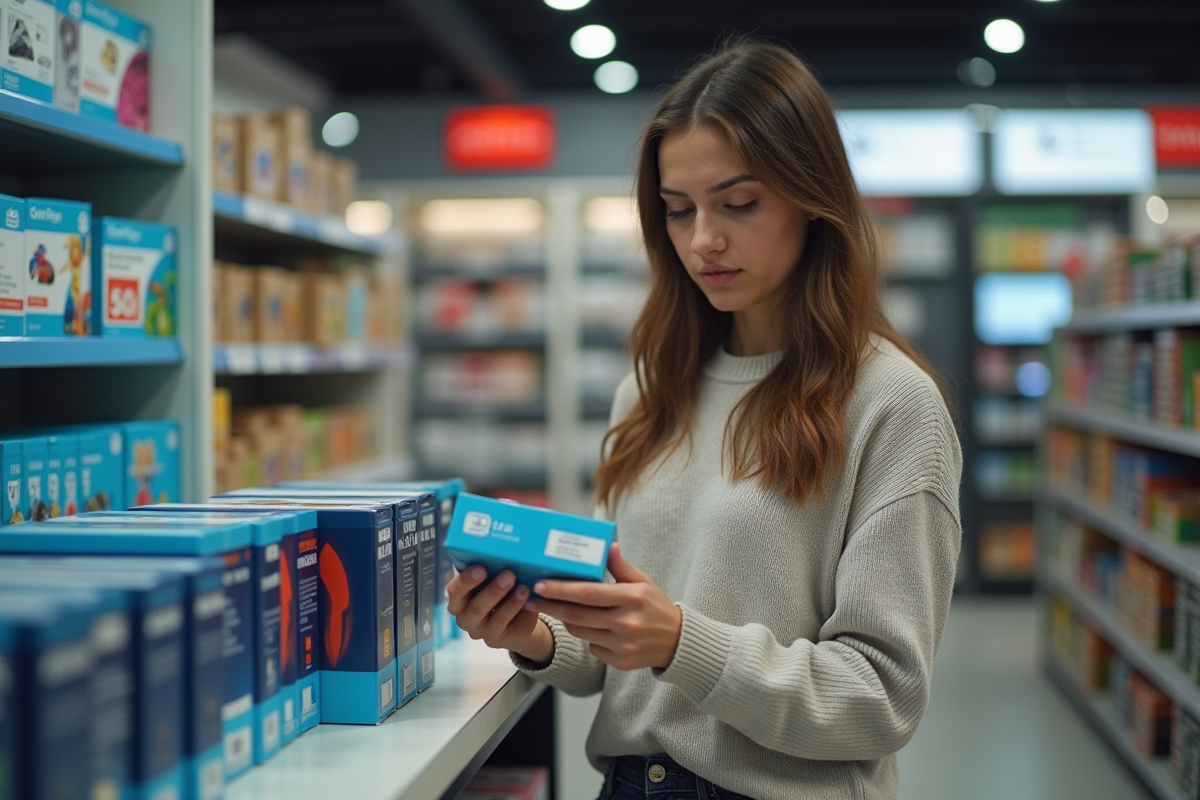Jeune femme espagnole compare cartouches en magasin d