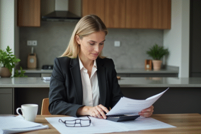 Femme professionnelle examinant des papiers financiers à la maison