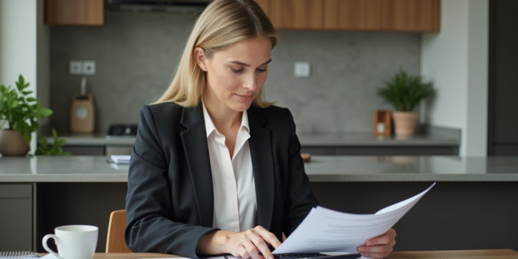Femme professionnelle examinant des papiers financiers à la maison