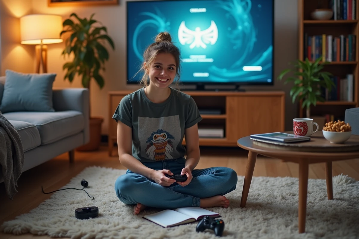 Jeune femme détendue avec accessoires gaming dans le salon