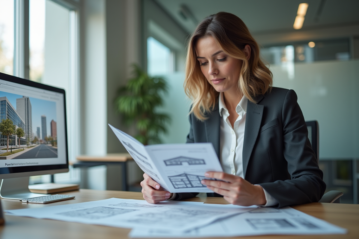 Femme professionnelle en blazer dans un bureau lumineux