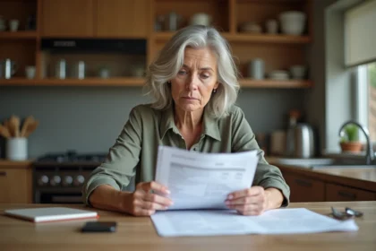 Femme d'âge moyen examinant des papiers immobiliers dans une cuisine moderne