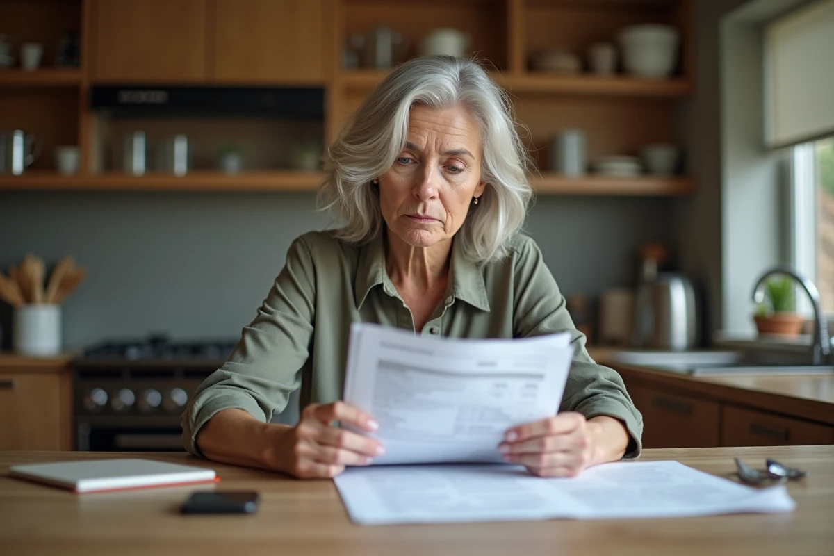 Femme d'âge moyen examinant des papiers immobiliers dans une cuisine moderne