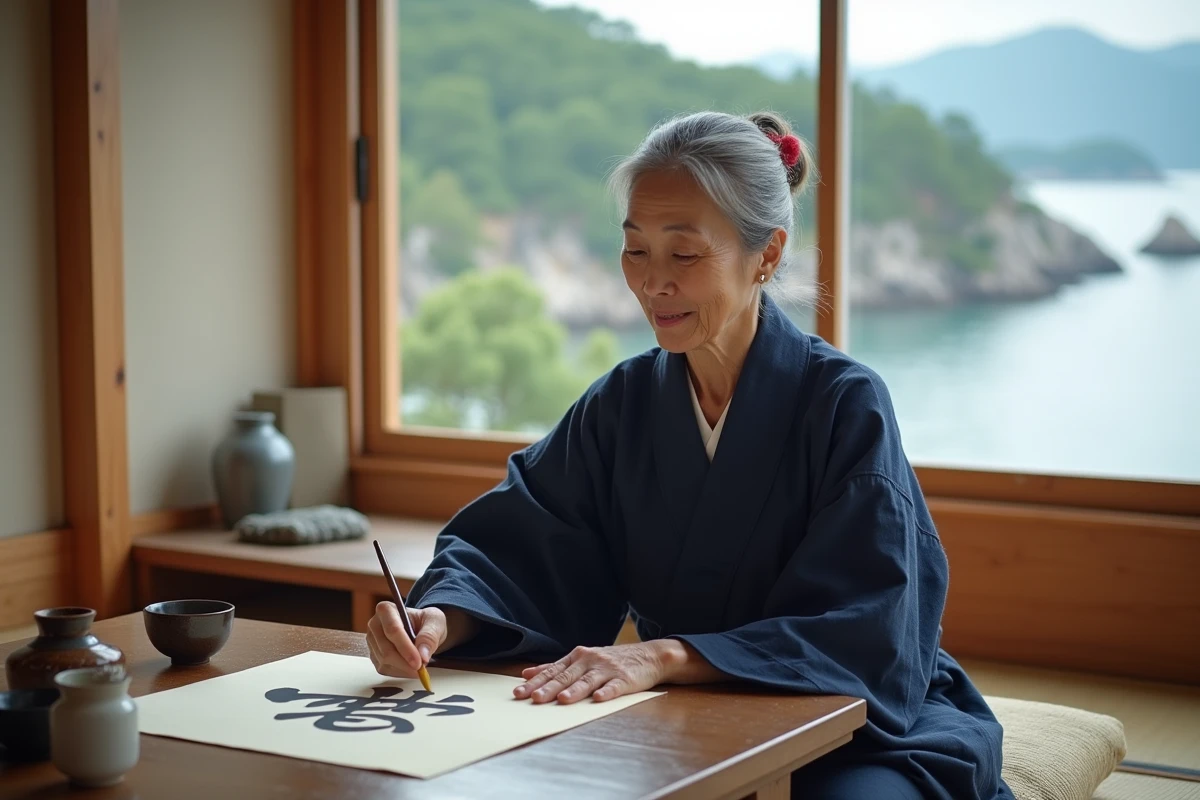 Femme japonaise en yukata pratiquant la calligraphie près d'une fenêtre avec vue sur une baie côtière