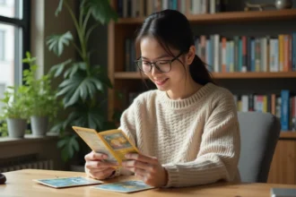 Jeune femme examine cartes Pokémon dans son salon
