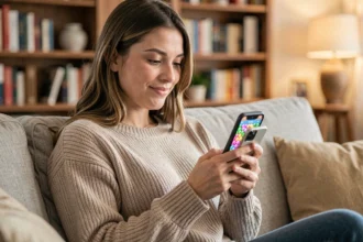 Jeune femme jouant à un jeu de puzzle de bonbons sur smartphone dans un salon cosy