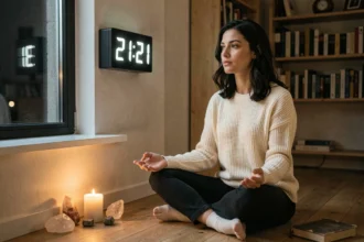 Femme méditant devant une horloge affichant 21h21 dans un appartement cosy la nuit