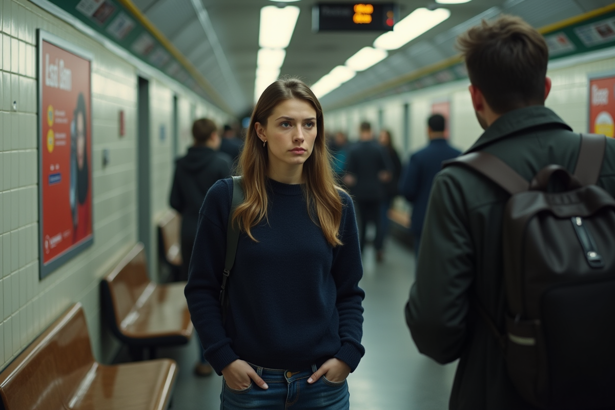 Jeune femme dans le métro face à un passager brusque