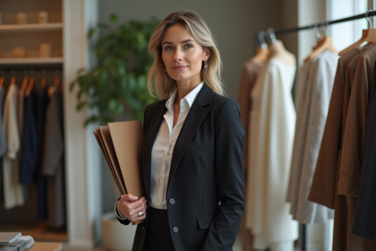 Femme élégante en tailleur minimaliste dans un atelier de mode