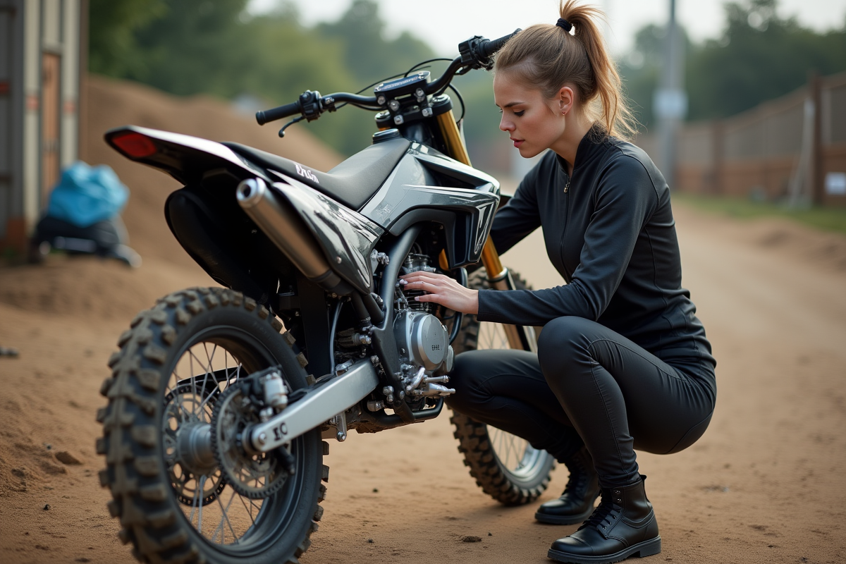 Femme motocross installant un filtre sur sa moto