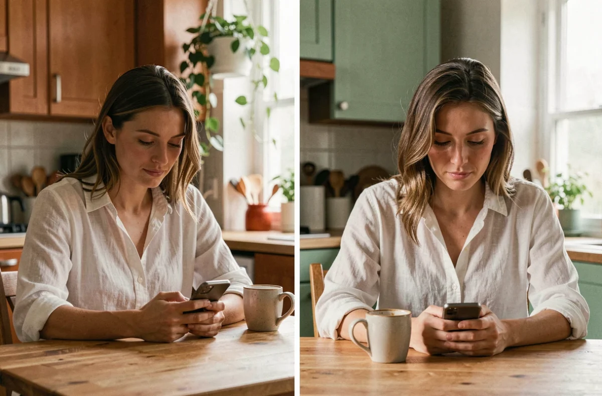 Femme seule à sa table de cuisine regardant son téléphone avec nostalgie en envoyant un message de bonne nuit