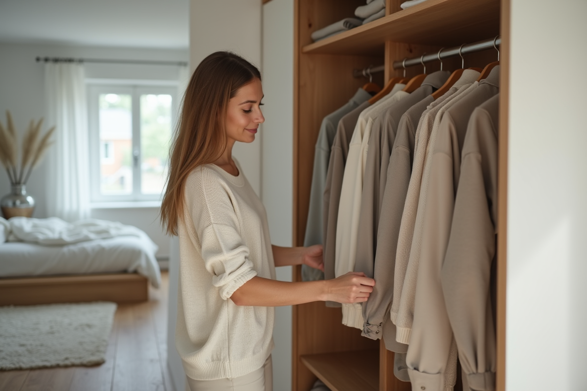 Femme choisissant un vêtement dans un vestiaire minimaliste