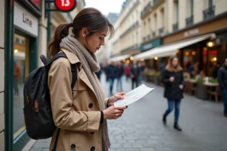 Jeune femme examine une carte près du métro parisien