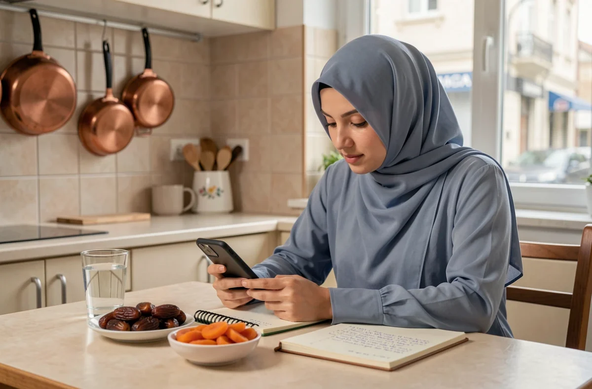 Femme musulmane planifiant ses journées de jeûne du ramadan avec un smartphone et un carnet dans une cuisine