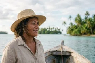 Femme polynésienne naviguant sur un bateau en mer turquoise