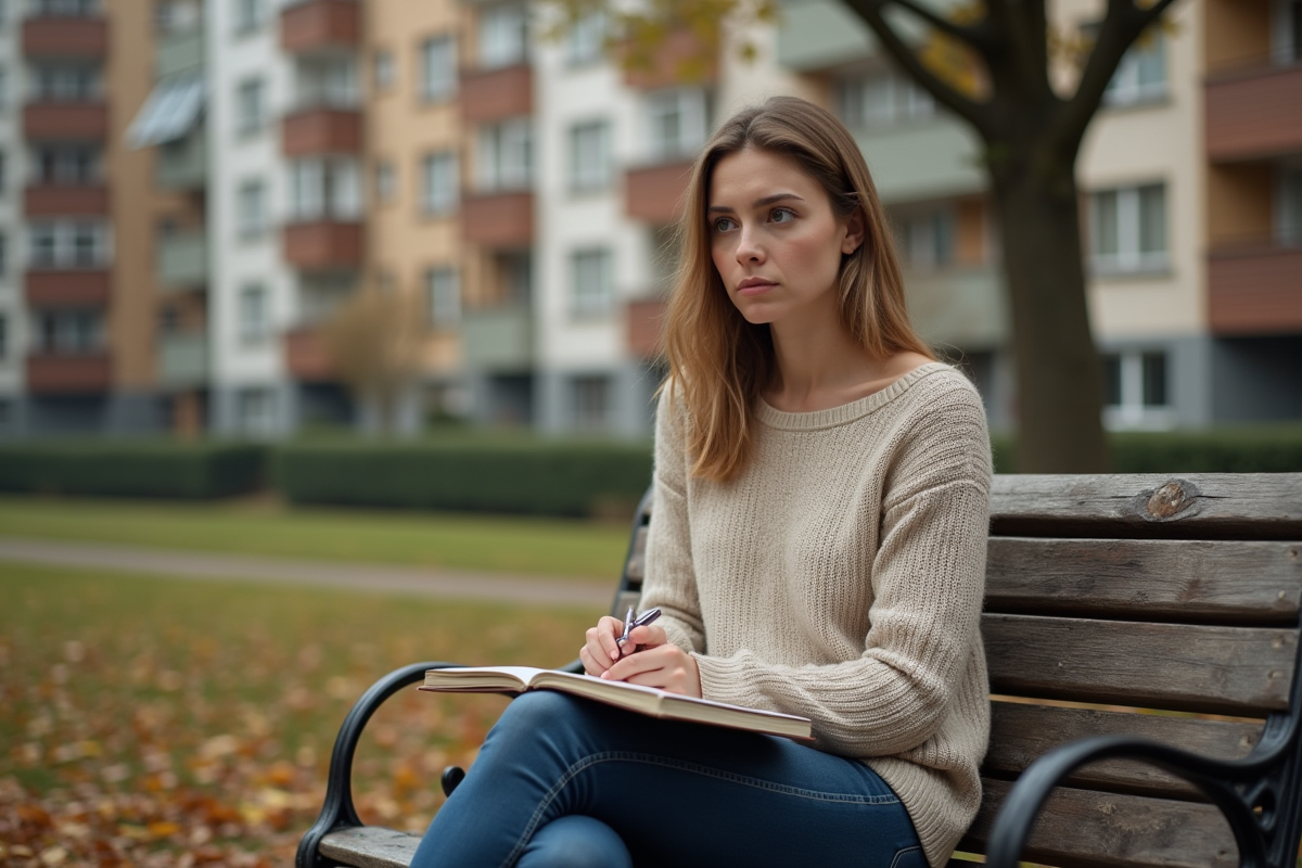 Jeune femme assise seule sur un banc dans un parc