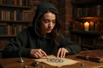 Femme concentrée résolvant des énigmes de salle d'évasion avec des notes et des cadenas sur une table en bois