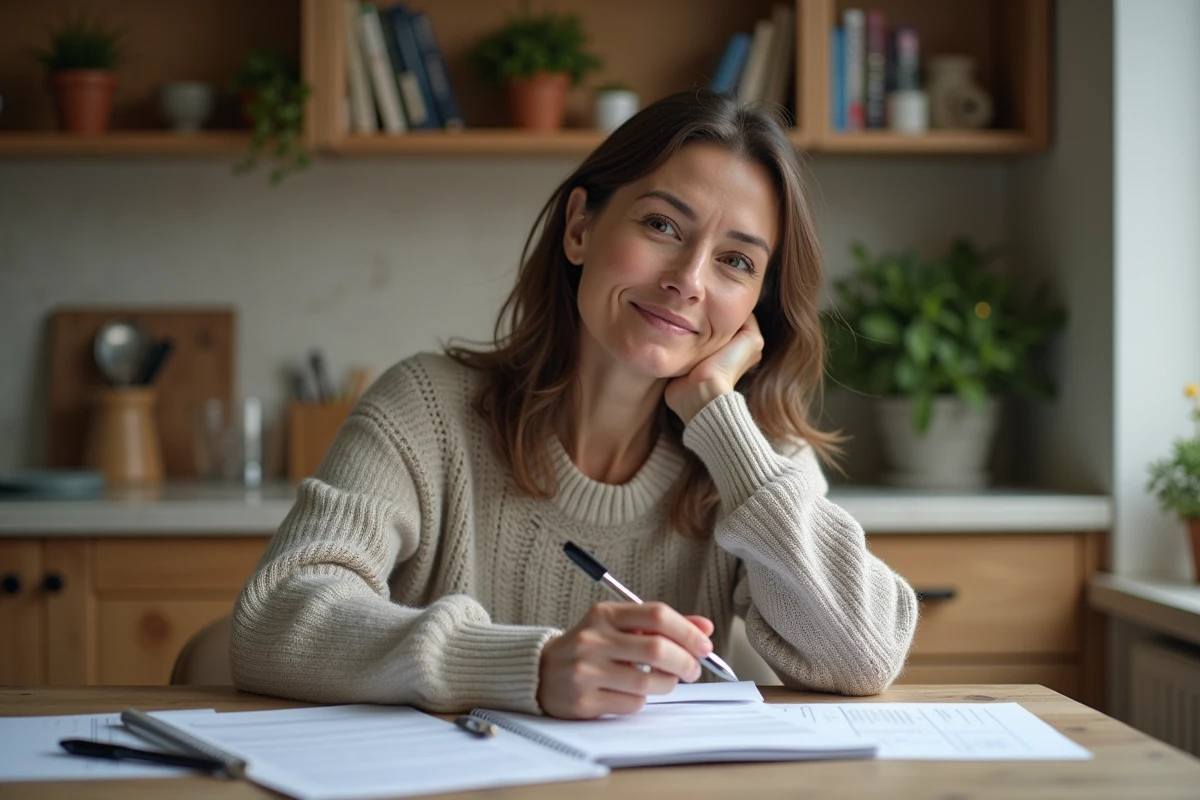 Femme d'âge moyen examine des papiers dans une cuisine chaleureuse