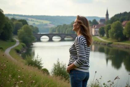 Femme française regardant la rivière et le village