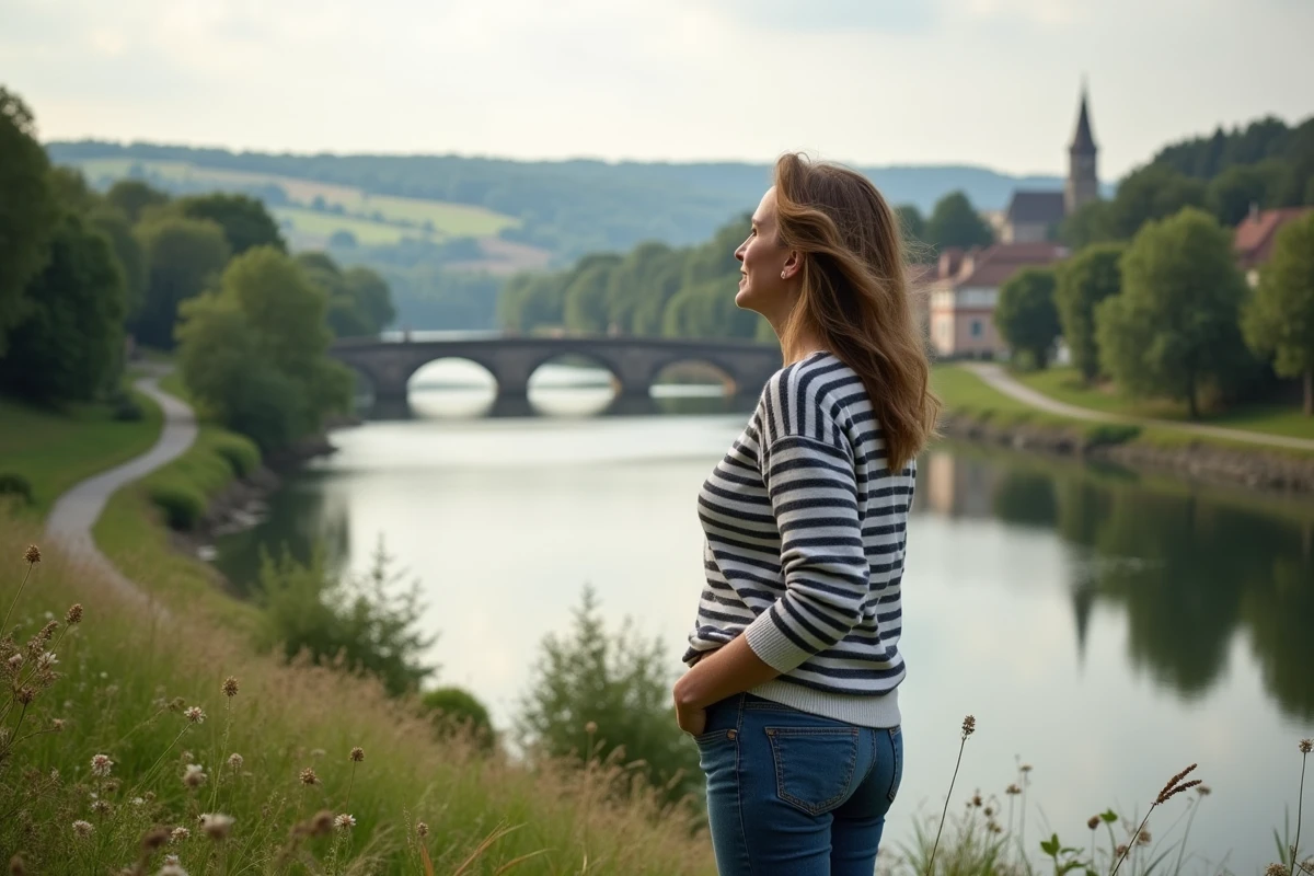 Femme française regardant la rivière et le village