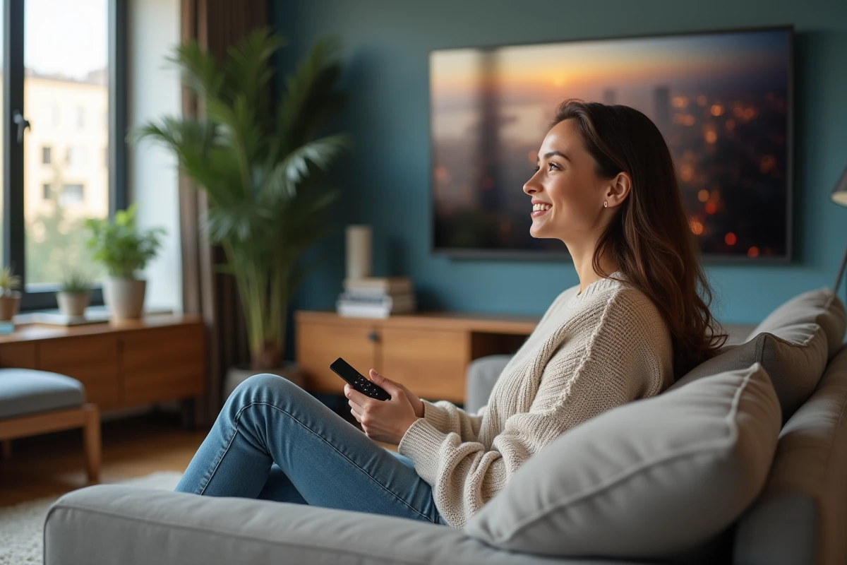 Femme souriante regardant la télévision connectée dans le salon