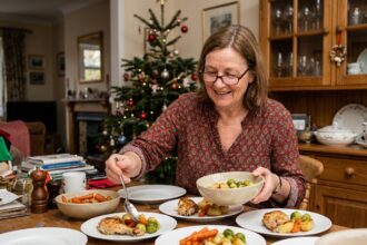 Femme servant des portions de repas de fête à une tablée