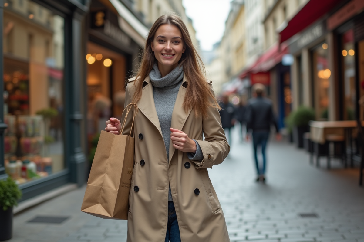 Jeune femme avec sacs écologiques dans une rue parisienne