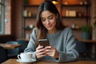 Jeune femme consultant le site 1 Jour 1 Film sur son smartphone dans un café