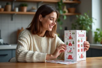 Femme souriante ouvrant un calendrier de l'avent 2026 dans la cuisine