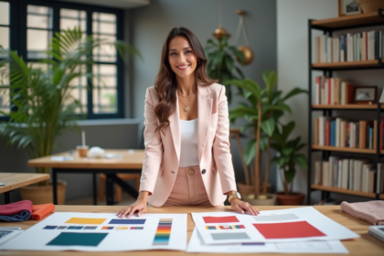 Femme en blazer pastel examinant des mood boards créatifs