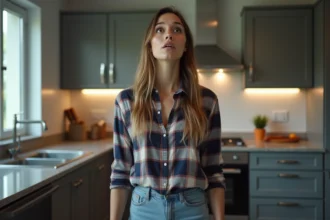 Jeune femme surprise dans une cuisine moderne