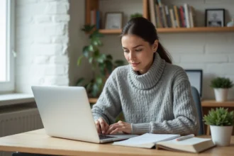 Femme en télétravail consultant ses notes dans un espace de travail hybride à domicile, illustrant les nouvelles mutations du travail moderne