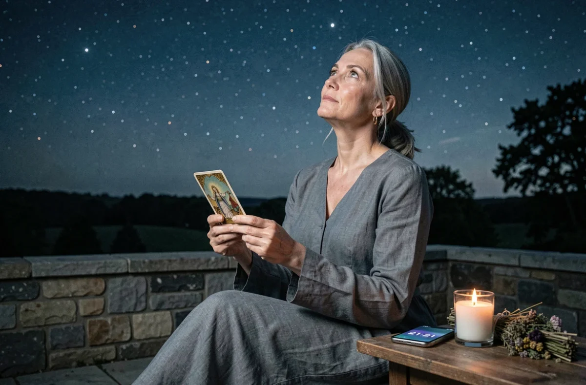 Femme contemplant le ciel étoilé avec un smartphone affichant 21h21 sur une terrasse en pierre la nuit