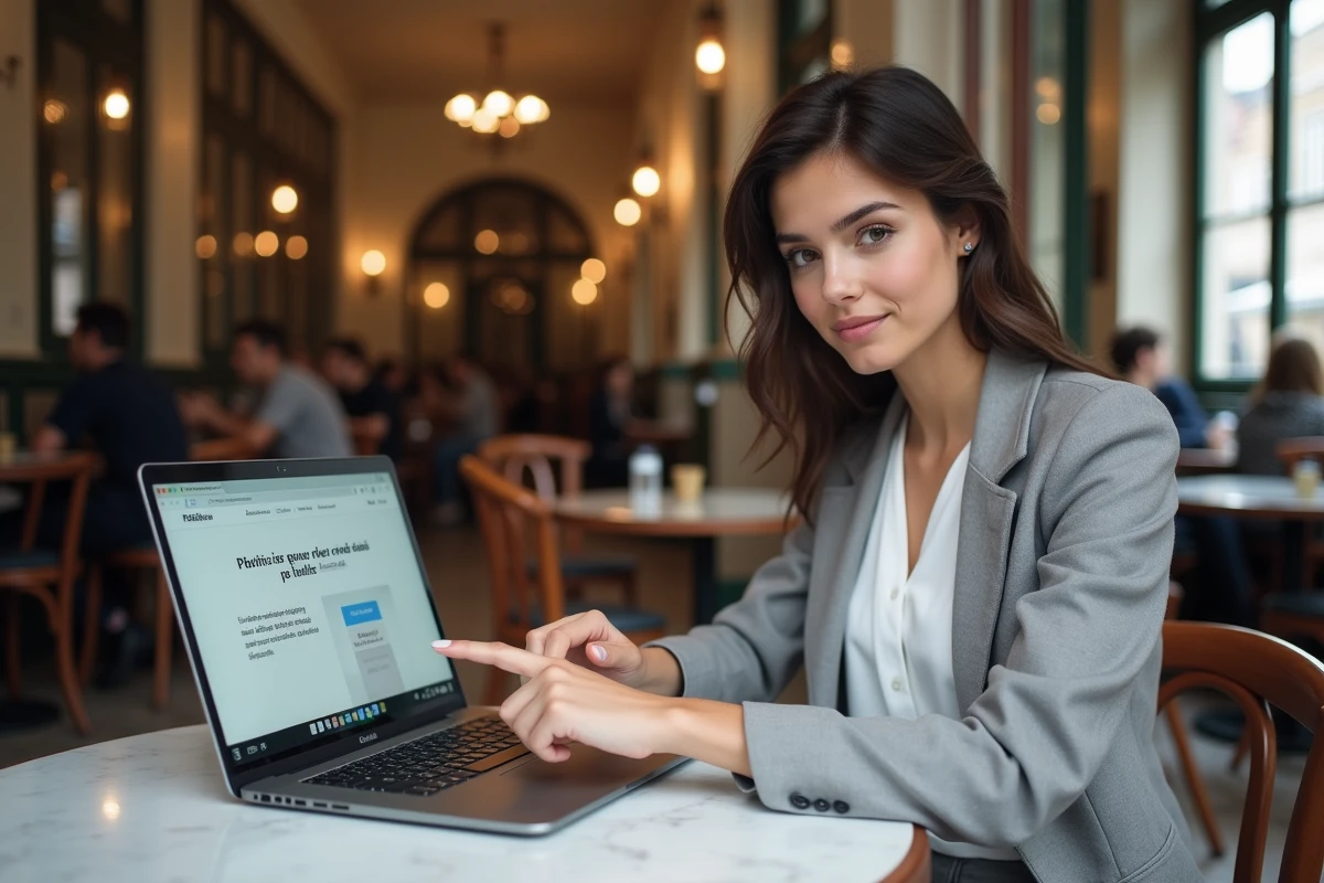 Jeune femme faisant un test politique sur son ordinateur dans un café parisien