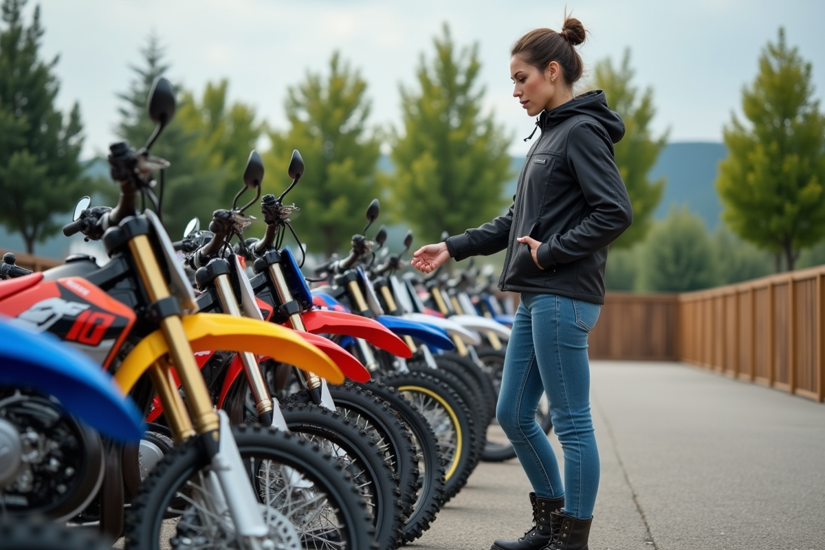 Femme examine des motos 125cc dans un magasin en plein air