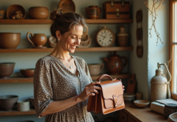 Femme élégante examine un sac vintage dans une boutique chaleureuse