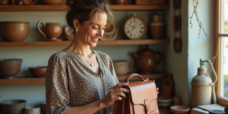 Femme élégante examine un sac vintage dans une boutique chaleureuse