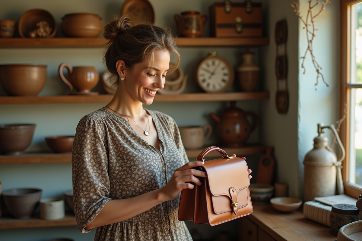 Femme élégante examine un sac vintage dans une boutique chaleureuse