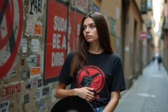 Jeune femme tenant un disque vinyle devant un mur couvert de slogans antifascistes dans une ruelle urbaine européenne