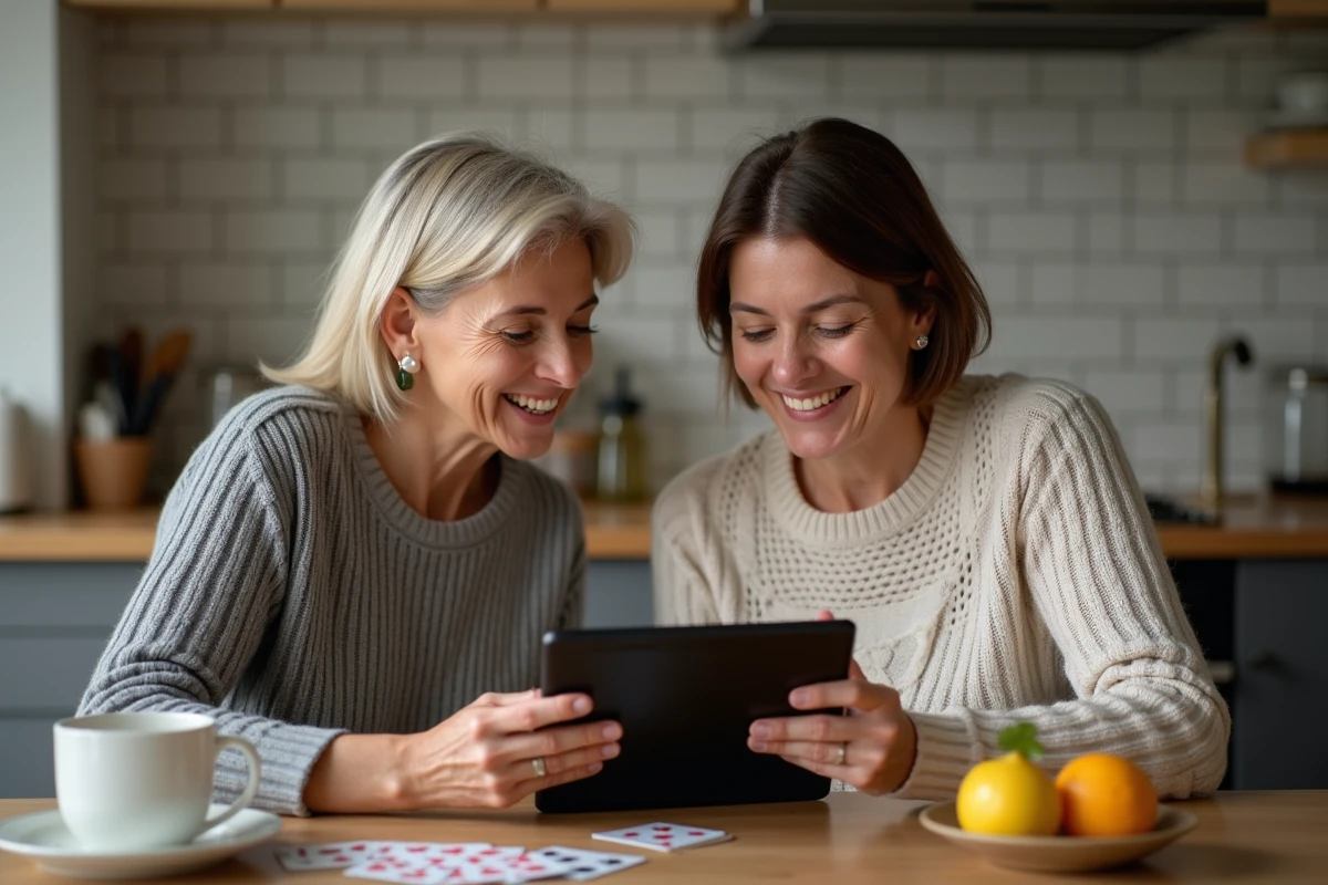 Deux femmes comparant des plateformes de belote coinchée en ligne autour d'une tablette dans une cuisine