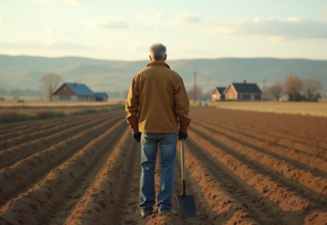 Fermeur au champ labouré avec pelle dans un paysage rural
